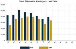 Graph of RVIA's report on monthly wholesale shipments through August of 2019.