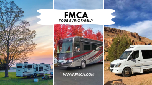 An image that contains three separate photos of motorhomes. The left image shows a motorhome next to a tree during a cloudy pastel sunset. The middle photo showsa motorhome in front of some vibrant red trees in autumn. The right photo shows a motorhome in front of a desert mesa. The words "FMCA Your RVing family www.fmca.com" are superimposed on the image.