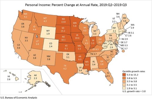 A color-coded U.S. map showing income change in the third quarter of 2019.