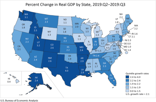 BEA map showing third-quarter 2019 state-by-state change in GDP