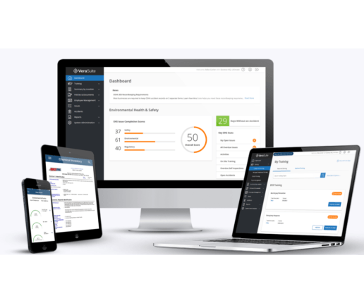 A picture of a smart phone, a tablet, a laptop and a computer monitor all displaying KPA Vera Suite HR Software