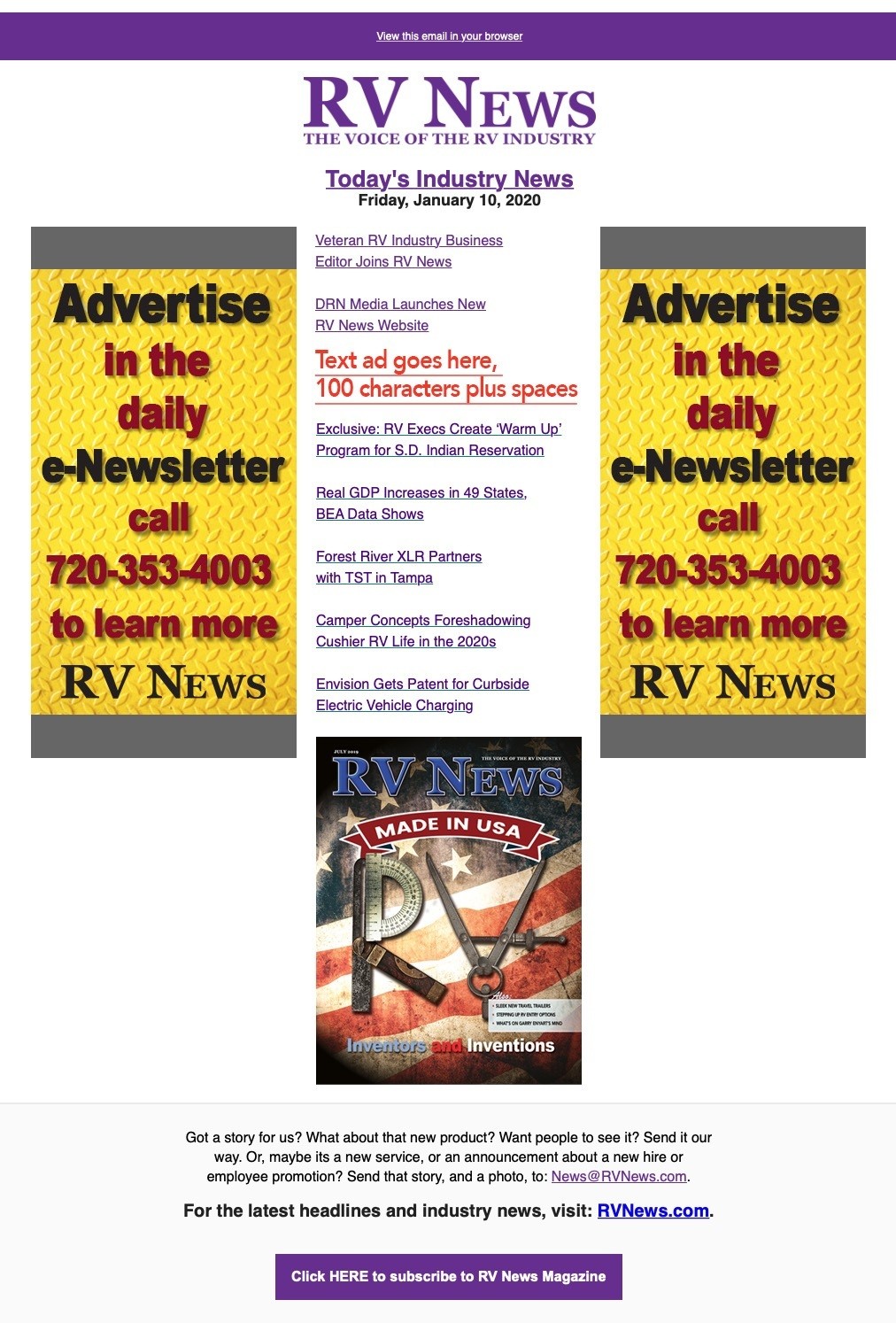 RV News enewsletter template with advertising spots