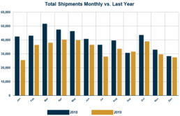 Graph of RVIA's report on monthly wholesale shipments through December of 2019