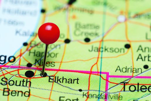 Photo of pin in Elkhart, Indiana on a state map