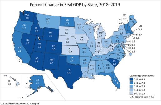 A map showing gross domestic product growth by state between 2018 and 2019