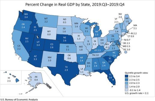 A map of indicating gross domestic product growth in the U.S. in the fourth quarter of fiscal year 2019