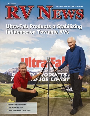 The front cover of the May 2020 issue of RV News. The cover shows two men standing beside a tripod with a meadow/mountainous backdrop behind them. The words "RV News. Ultra-Fab Products a Stabilizing Influence on towable RVs" are super-imposed on the cover.