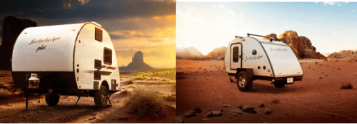 A side-by-side image of Braxton Creek's new teardrop trailer taken from two different angles and at different times of day. Both images of the trailer were taken n the desert. The left side shows sunset with a darkening sky and gives the trailer a whimsical glow, while the image on the right shows the trailer in broad daylight under a blue, lightly-clouded sky.