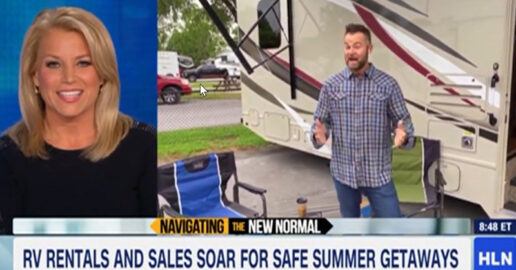 A screen capture of a news story that aired on HLN about how RV Rentals and sales have soared for safe summer getaways