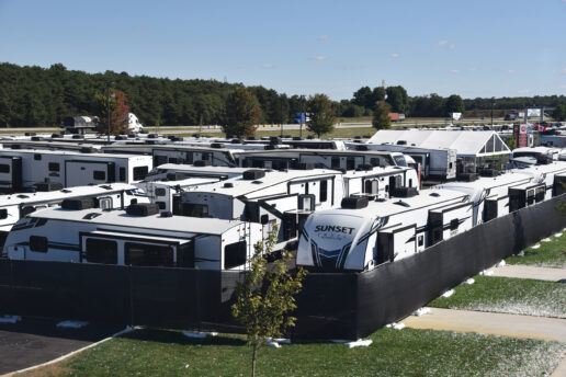 A photo of RV units on display outside during the 2019 Elkhart RV open house/expo