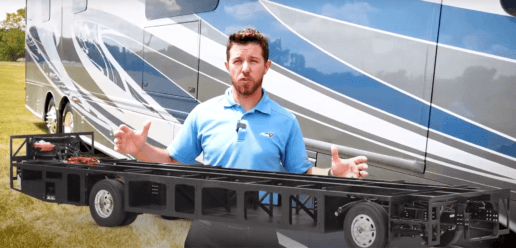 A picture of a man standing in front of a type A RV with a rendering of a chassis superimposed in front of him.