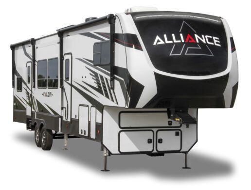 A picture of the Alliance RV 2021 Valor fifth wheel. The picture shows the front and door side of the RV. The unit is mostly white with a black, gray and red angular design.