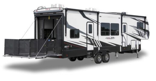 A picture of the Alliance RV 2021 Valor fifth wheel. The picture shows the unit's door side as well as the rear of the RV with the garage extended.