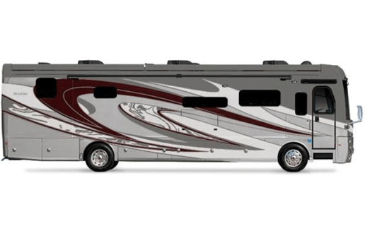 A side-view picture of the 2021 Holiday Rambler Armada. The motorhome is gray witha swooshy maroon and white design.