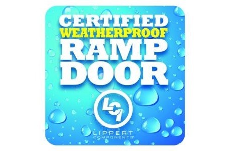 A picture promoting Lippert Components' certified weatherproof ramp door