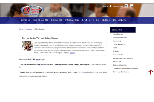 a screenshot of the registration page for the Service Writer/Advisor Online course, offered by the Mike Molino RV Learning Center. The picure shows text about the class on a web page