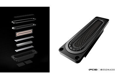 A picture of Resonado's Flat Core Speaker. The left image shows the speaker deconstructed, while the right image shows the speaker