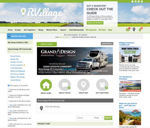 Screenshot of RVillage Grand Design Group Webpage Forum