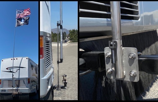 a tall flagpole is mounted to the rear of a motorhome using a flagpole buddy hitch mount