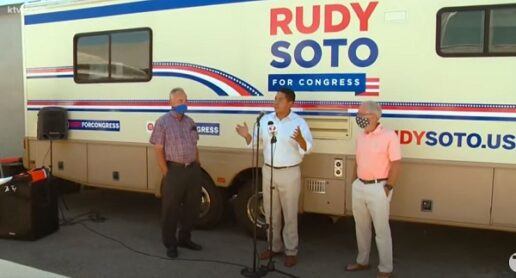 Rudy Soto speaks in front of RV he is using to tour Idaho for his Congressional campaign