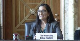A picture of Interior Department Secretary nominee Debra Haaland testifying before a Senate committee