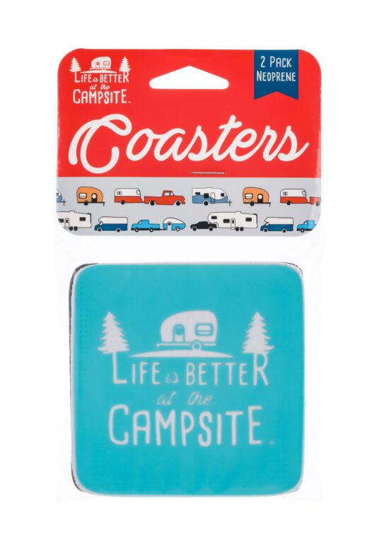 Protects Your Furniture from Rings and Water Marks 2-Pack RV Camper Shaped Camco 53384 Life is Better at The Campsite Cork Coasters 