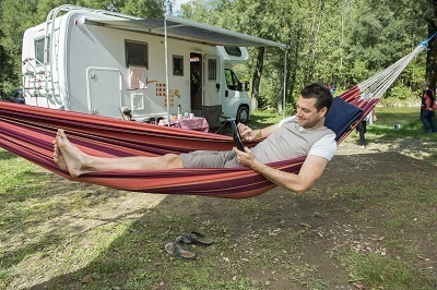 A picture of an RV traveler relaxing outside