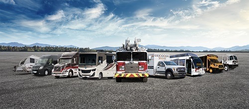 A stock photo of all the specialty vehicles made by Rev Group on an asphalt area with mountains in the background