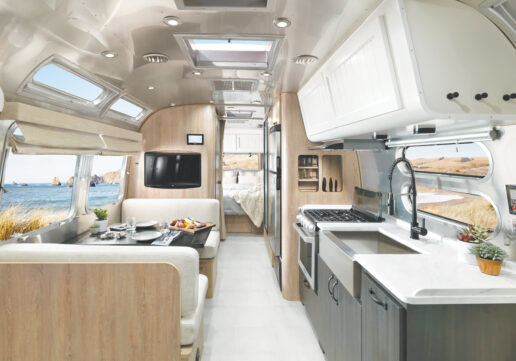 A picture of the interior of the 2022 Airstream Pottery Barn special edition travel trailer.