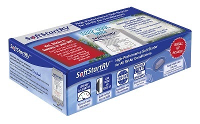 A picture of the packaging of a SoftStartRV air conditioner accessory