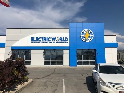 A picture of the exterior of Camping World's first Electric World shop in Salt Lake City