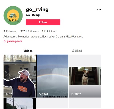 A picture of the Go RVing Tik Tok landing page