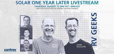 A picture of the RV Geeks and Xantrex staff promoting a livestream event about solar products