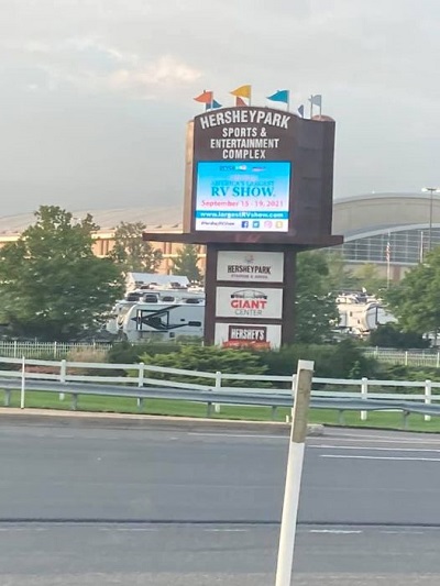 A picture of the electric sign outside the America's RV Show event in Hershey, Pennsylvania
