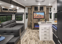 A picture of the interior of a Venture RV SportTrek travel trailer