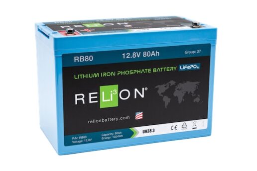 A picture of Relion Battery's RB80-D lithium iron phosphate battery.