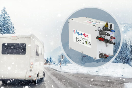 A picture of the Aqua-Hot 125G heating and hot water system in a circular pop-out from a picture of a Type B RV in the snow.