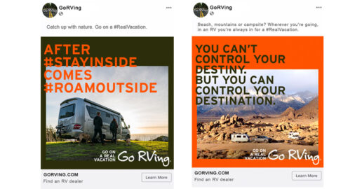 Two screenshots of the Go RVing "Go On a Real Vacation" social media campaign.