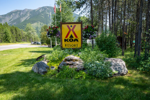 A picture of a KOA resort sign at the edge of woods near a mountain.