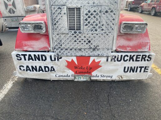 Ottawa Ontario Canada January 29 2022. Freedom convoy 2022 transport truck protest signage reading stand up Canada truckers unite.