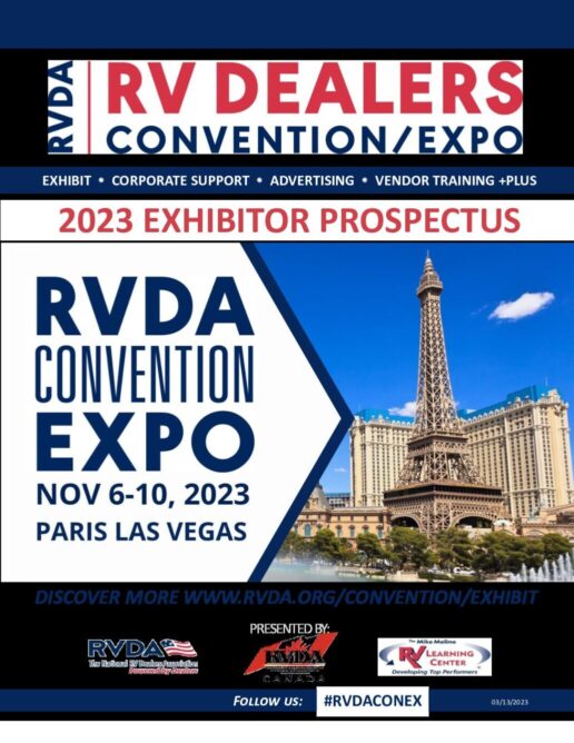Picture of the front cover of the RV Dealers' Association 2023 convention exhibitor prospectus.