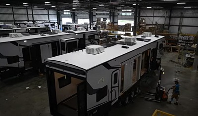 A screenshot of the Alliance RV manufacturing plant taken from a video factory tour.