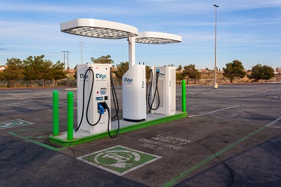 A picture of an electric vehicle (EV) charging station alone in a parking lot