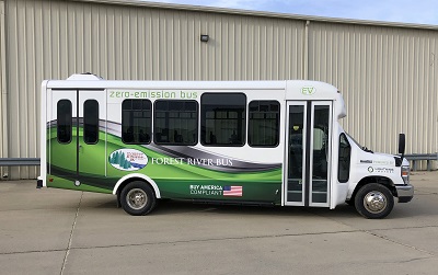 A picture of the Forest River electric bus, made in partnership with eLighning Motors