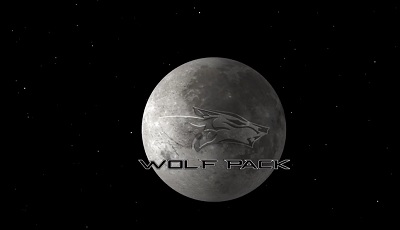 A picture of the moon with a Forest River Wolf Pack logo over it.