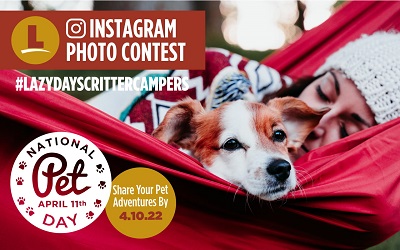 A picture of a woman in a red hammock with a dog and details of Lazydays' Instagram pet photo contest