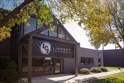 An exterior picture of a Lippert Components building in Elkhart, Indiana