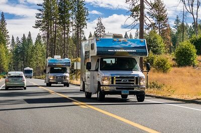 A picture of Type C motorhome travelling in the Tetons