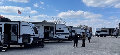 A picture of RVs lined up outside at the RV consumer show in York, Pennsylvania