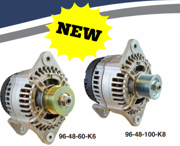 A picture of two Balmar 96 series alternators with the word "New" between them